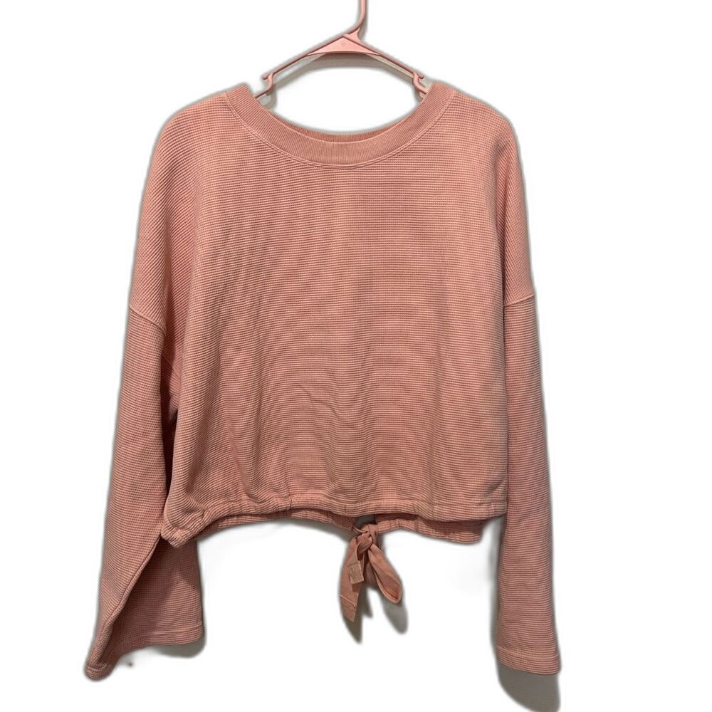 Fabletics 100% Cotton Long Sleeve Top Large Pink Tie Open Back Waffle Knit